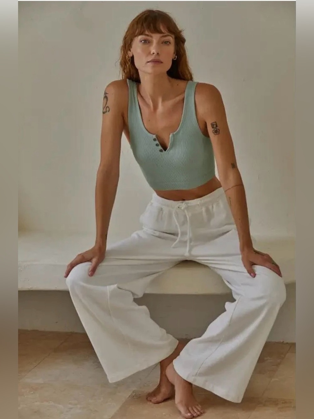 By Together Seamless Ribbed Henley Crop Tank w/ Button Trim – Size M/L– Mint